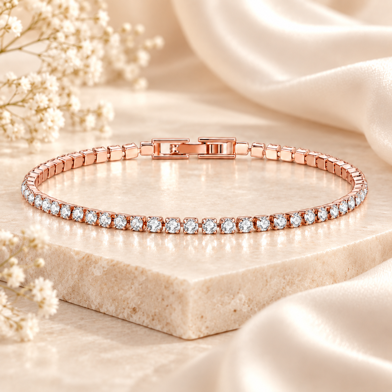 Riviera Rose Gold Tennis Bracelet styled on stone