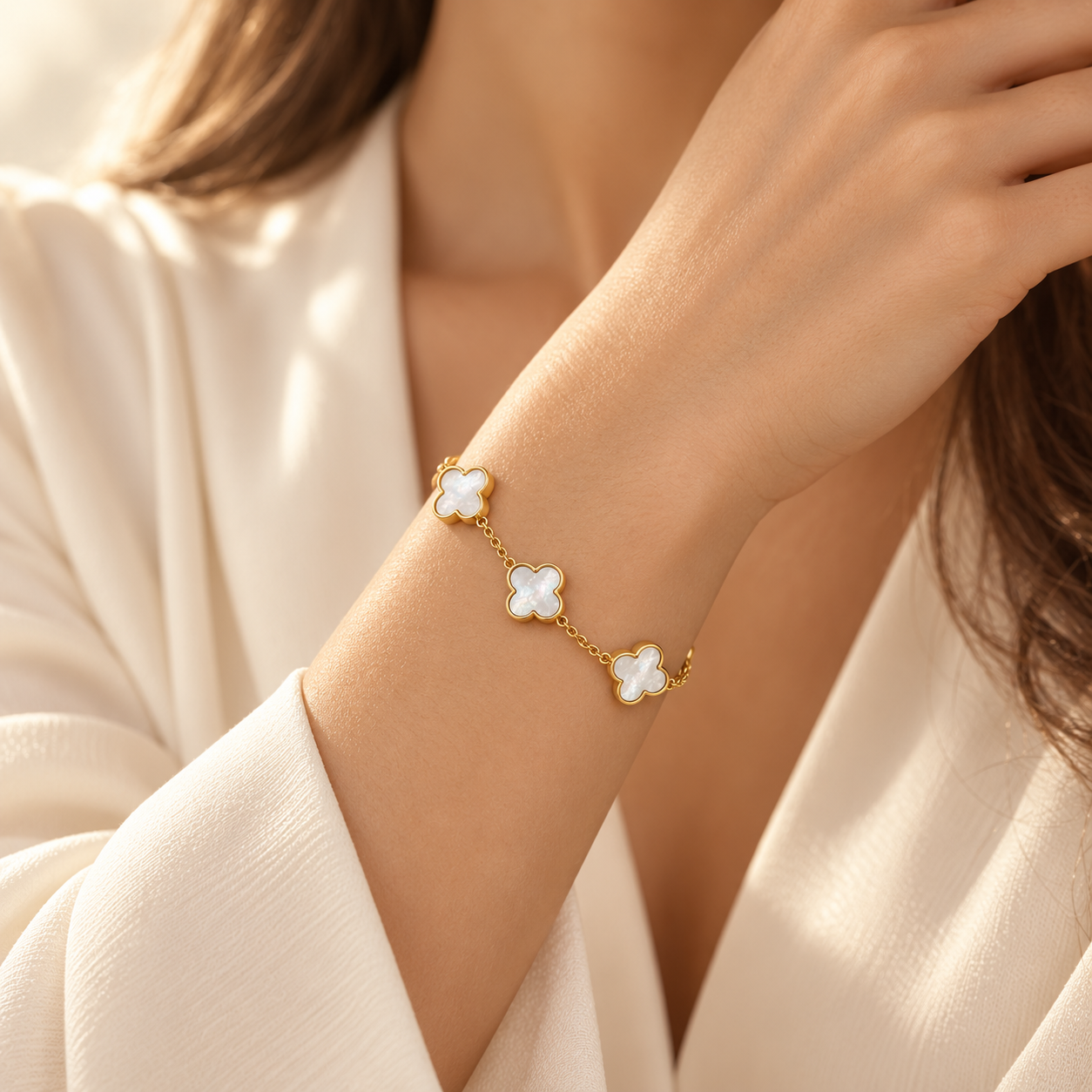Mirella Pearlescent Clover Bracelet worn