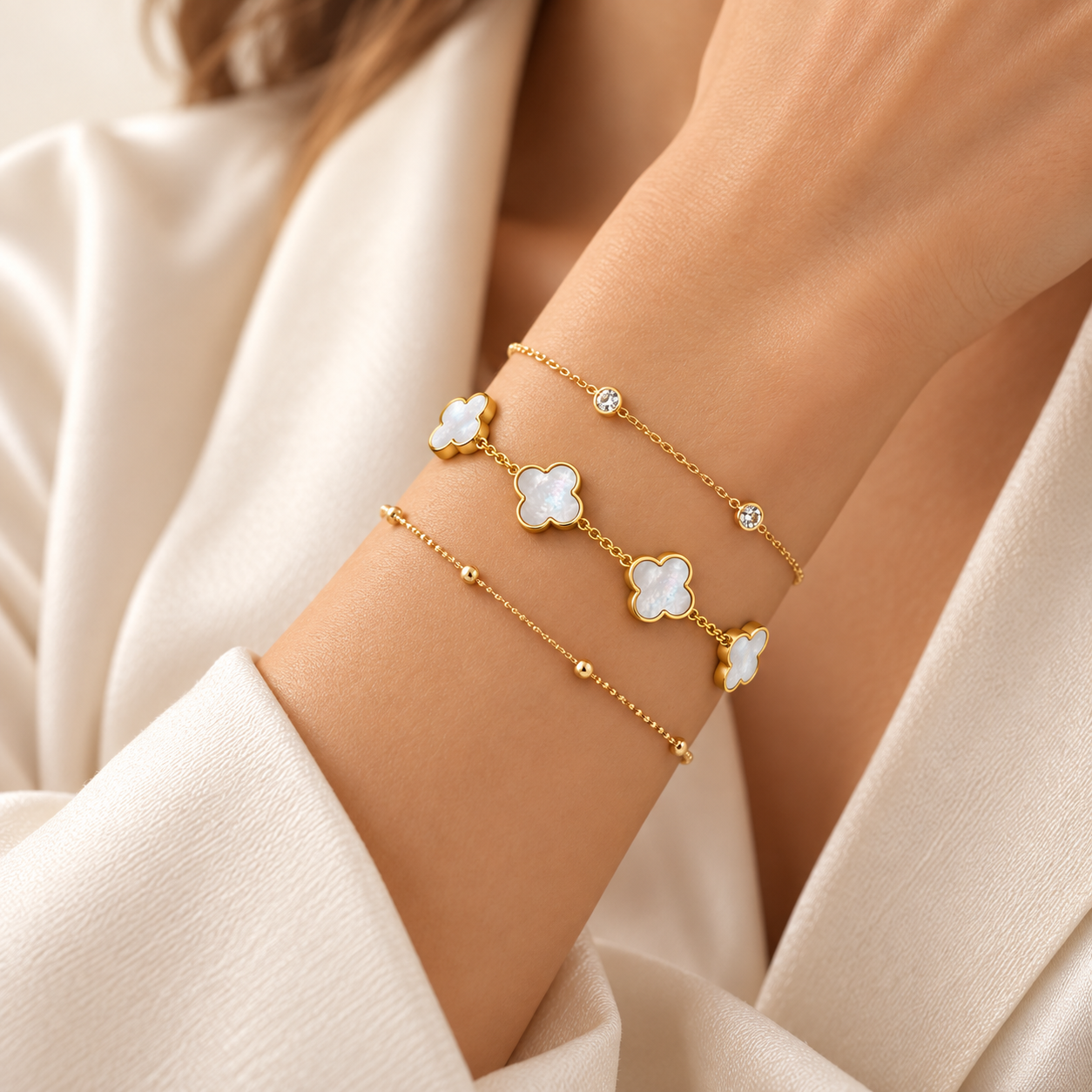 Mirella Pearlescent Clover Bracelet stacked styling