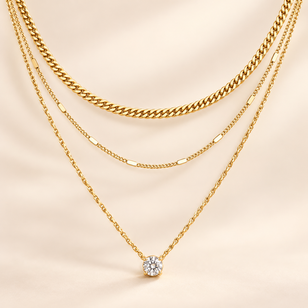 Luce Trio Layered Necklace on satin