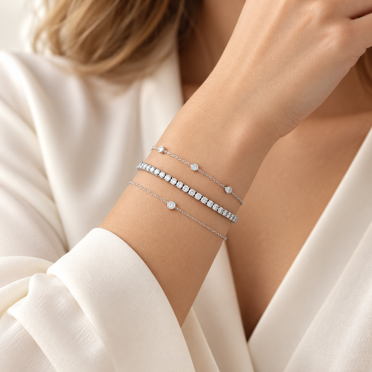 Riviera Silver Tennis Bracelet stacked